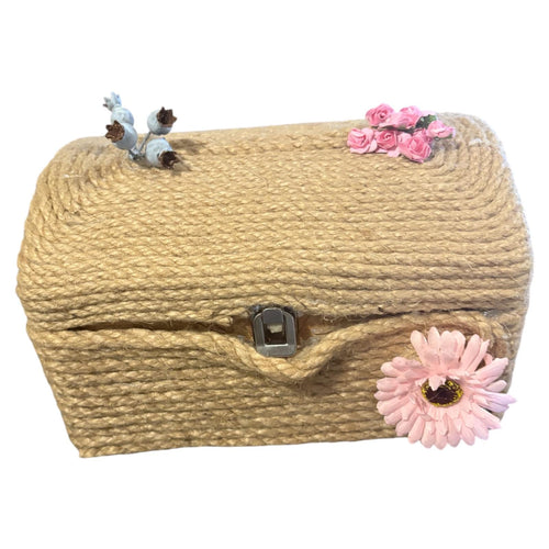 COFRE GRANDE DECORADO CON YUTE CON DETALLE FLORAL